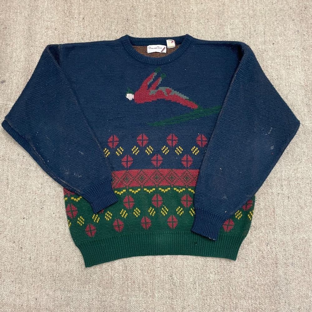 Vintage Ski Graphic Sweater Mens Large Blue 1990s Oscar de la‎ Renta